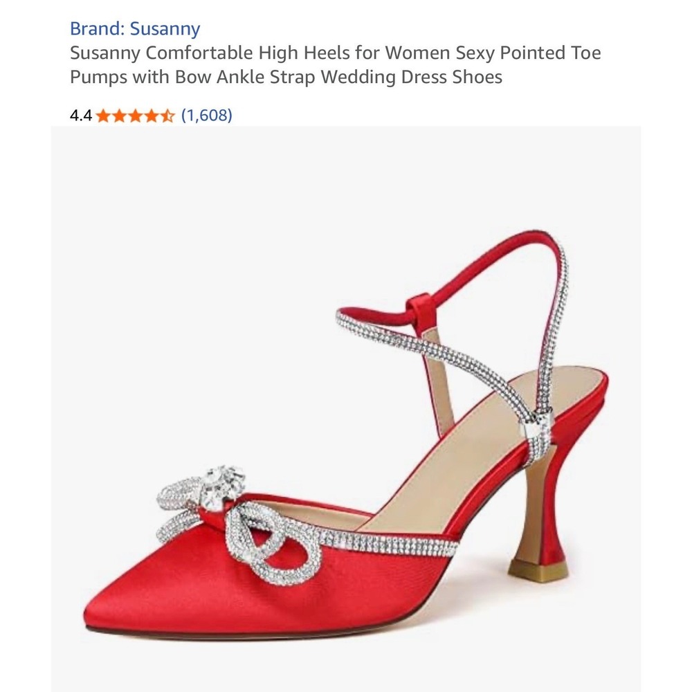 Susanny Red Stiletto Heel Sandals Women's Sz 7.5 Pointed Toe Bow Rhinestone - Picture 5 of 16